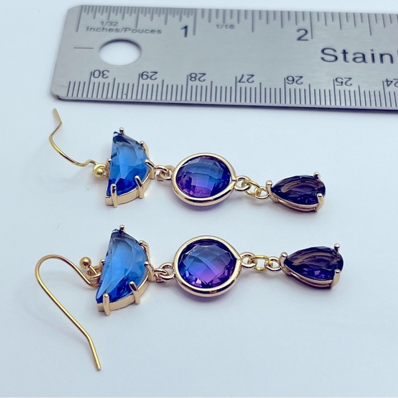 Blue and Purple Half Circle Round Teardrop Glass Dangle Earrings - Picture 3 of 3